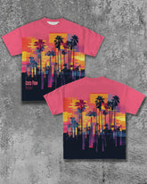 Men's Plus Size Street Fashion Neon Color Block Palm Tree Silhouette Print Round Neck Short Sleeve T-Shirt